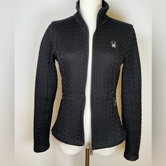 Spyder Black Cable Knit Full Zip Fleece Lined Sweater Jacket Women’s Size XS - Picture 10 of 16